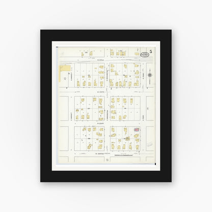 Old map wall art mockup — black gallery frame with white mat — Sanborn Fire Insurance Map from Hastings, Barry County, Michigan (1916), Sheet #0005