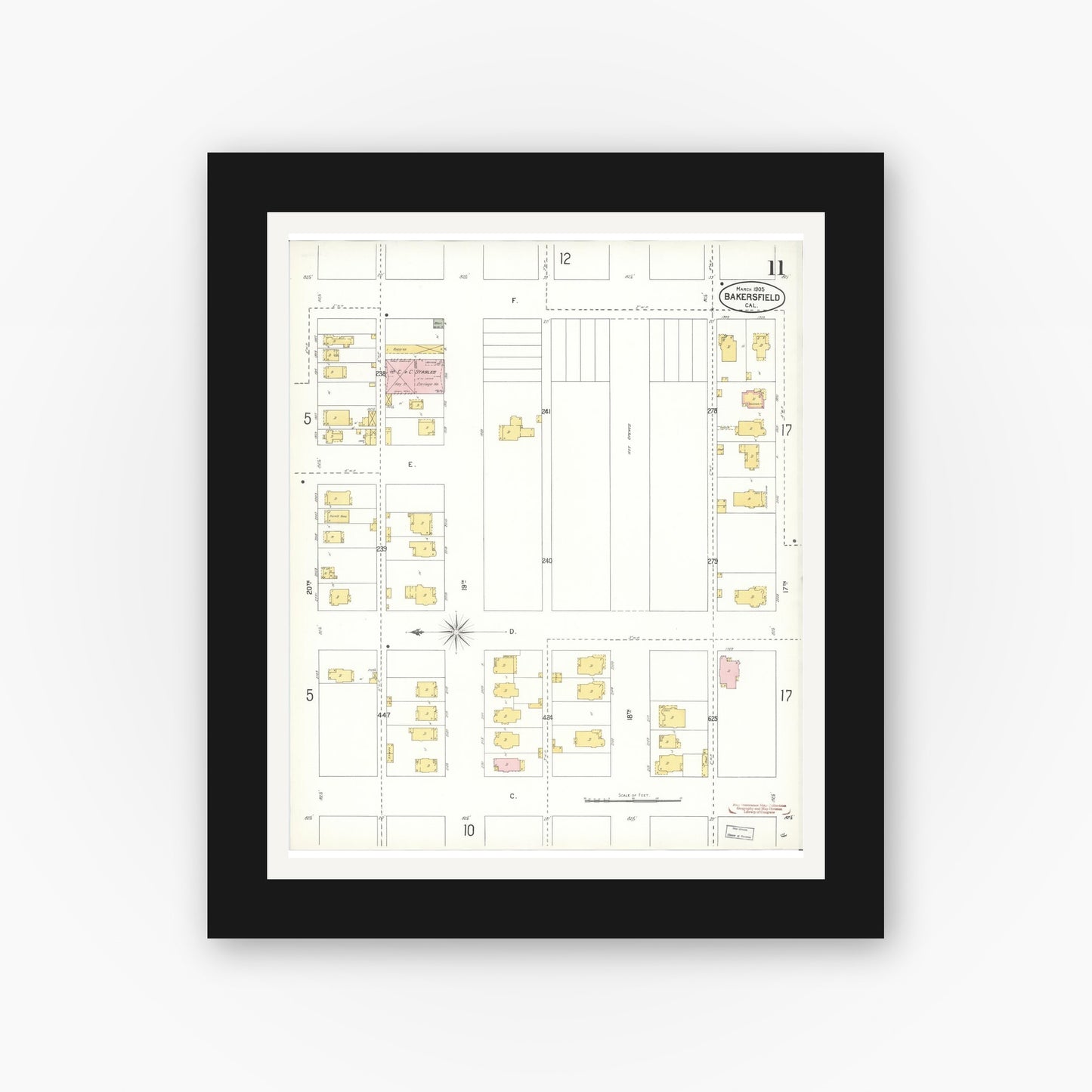 Old map wall art mockup — black gallery frame with white mat — Sanborn Fire Insurance Map from Bakersfield, Kern County, California (1905), Sheet #0011