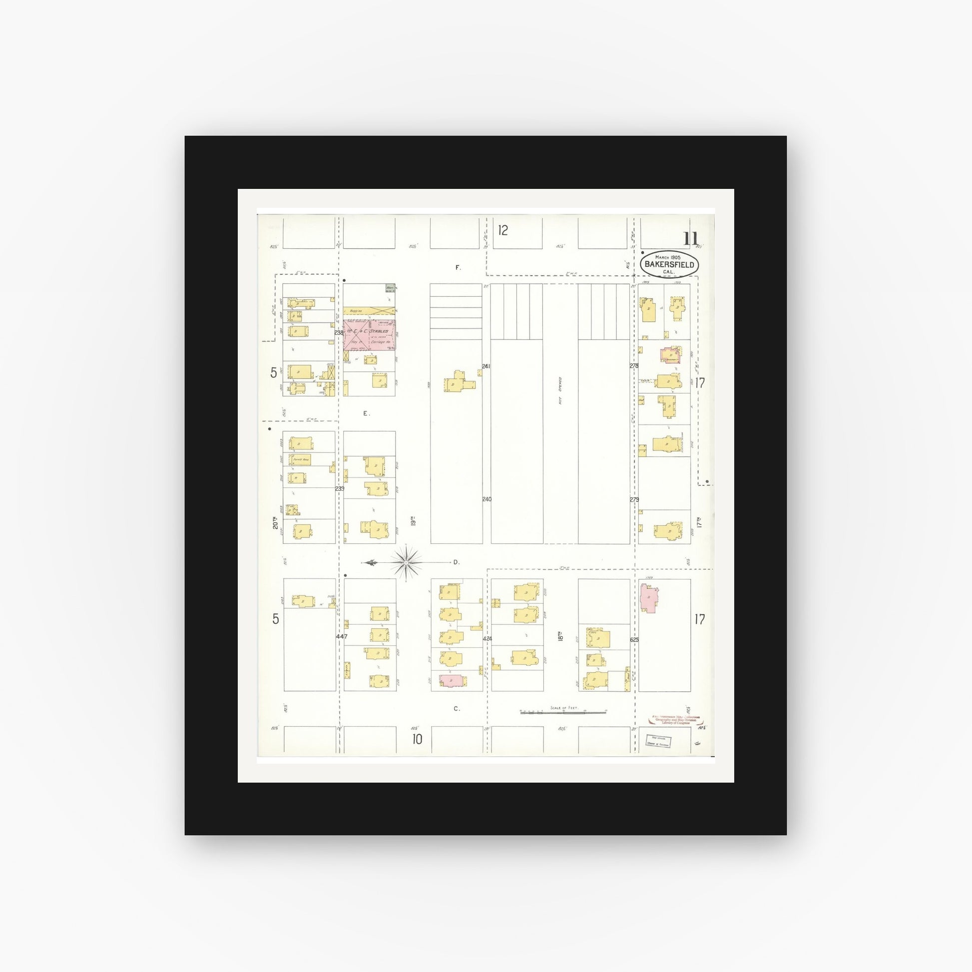 Old map wall art mockup — black gallery frame with white mat — Sanborn Fire Insurance Map from Bakersfield, Kern County, California (1905), Sheet #0011
