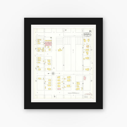 Old map wall art mockup — black gallery frame with white mat — Sanborn Fire Insurance Map from Bakersfield, Kern County, California (1905), Sheet #0011