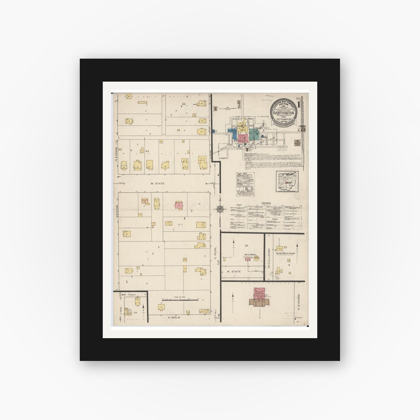 Old map wall art mockup — black gallery frame with white mat — Sanborn Fire Insurance Map from Worthington, Franklin County, Ohio (1922), Sheet #0001