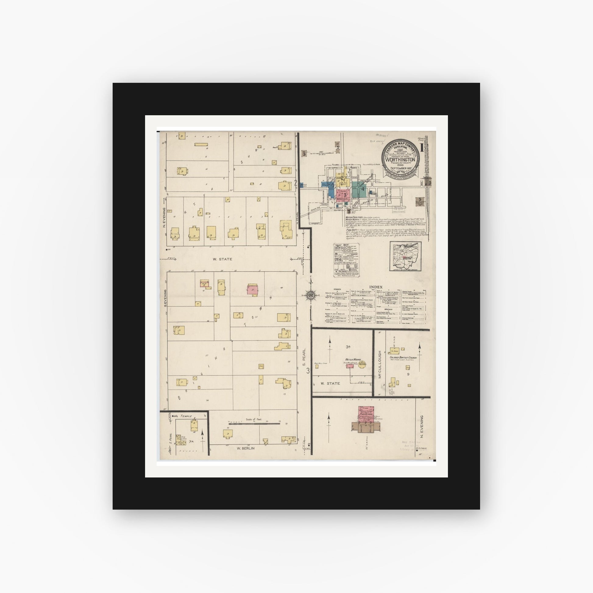 Old map wall art mockup — black gallery frame with white mat — Sanborn Fire Insurance Map from Worthington, Franklin County, Ohio (1922), Sheet #0001