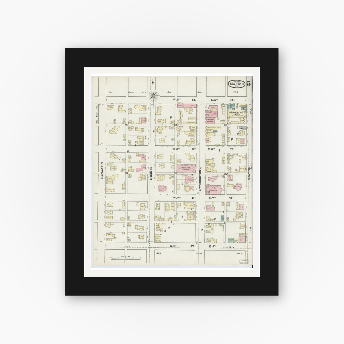 Old map wall art mockup — black gallery frame with white mat — Sanborn Fire Insurance Map from Marion, Grant County, Indiana (1890), Sheet #0005