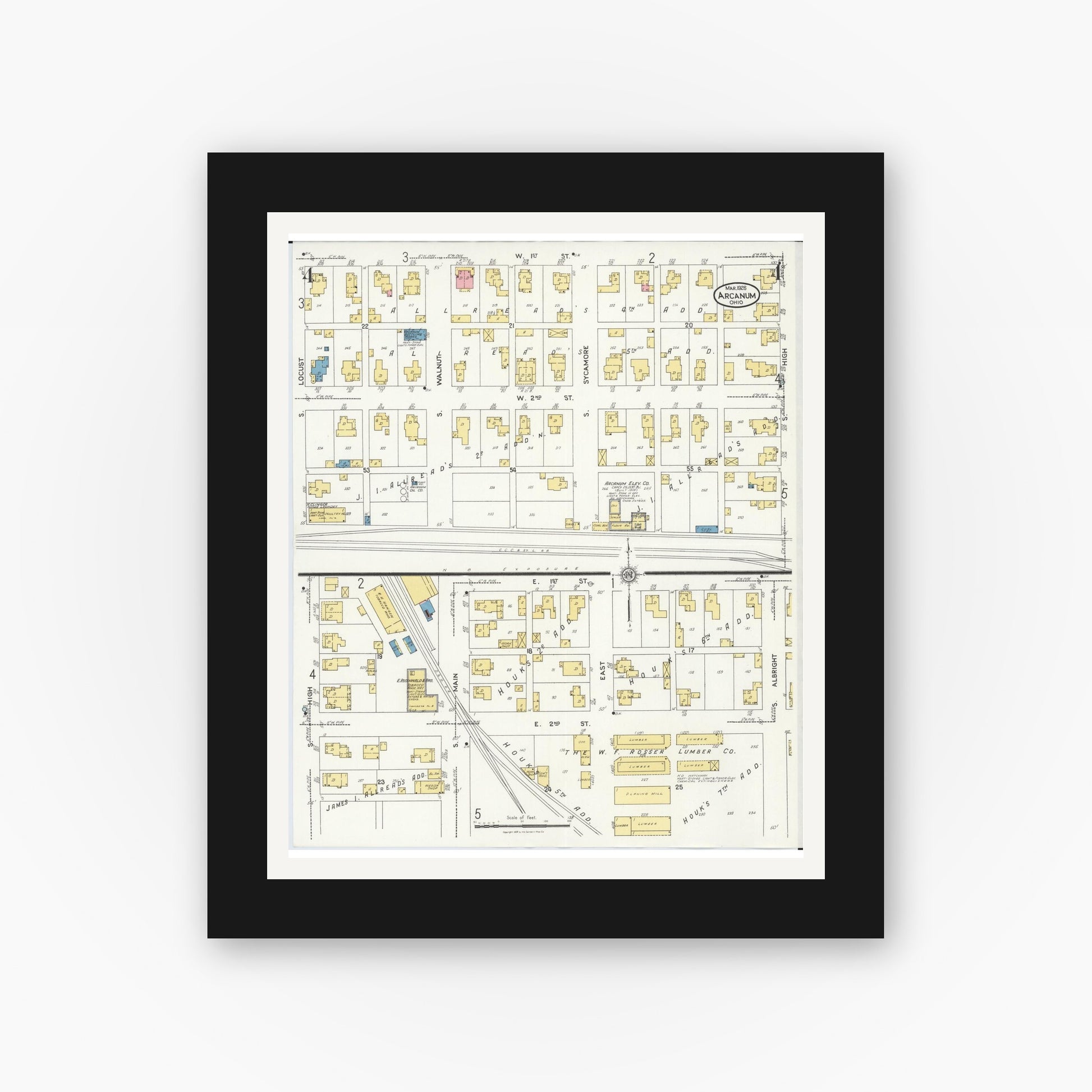 Old map wall art mockup — black gallery frame with white mat — Sanborn Fire Insurance Map from Arcanum, Darke County, Ohio (1926), Sheet #0004