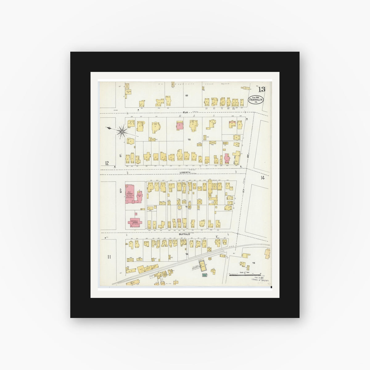 Old map wall art mockup — black gallery frame with white mat — Sanborn Fire Insurance Map from Franklin, Venango County, Pennsylvania (1906), Sheet #0013