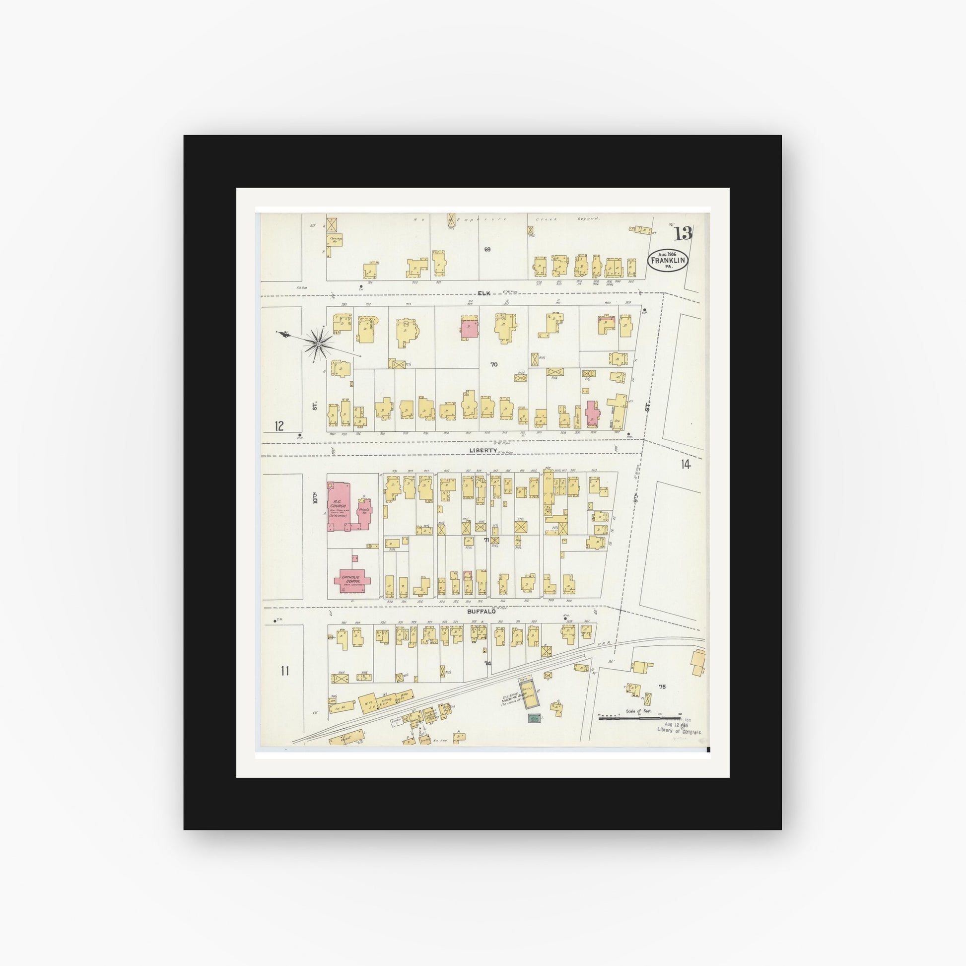 Old map wall art mockup — black gallery frame with white mat — Sanborn Fire Insurance Map from Franklin, Venango County, Pennsylvania (1906), Sheet #0013