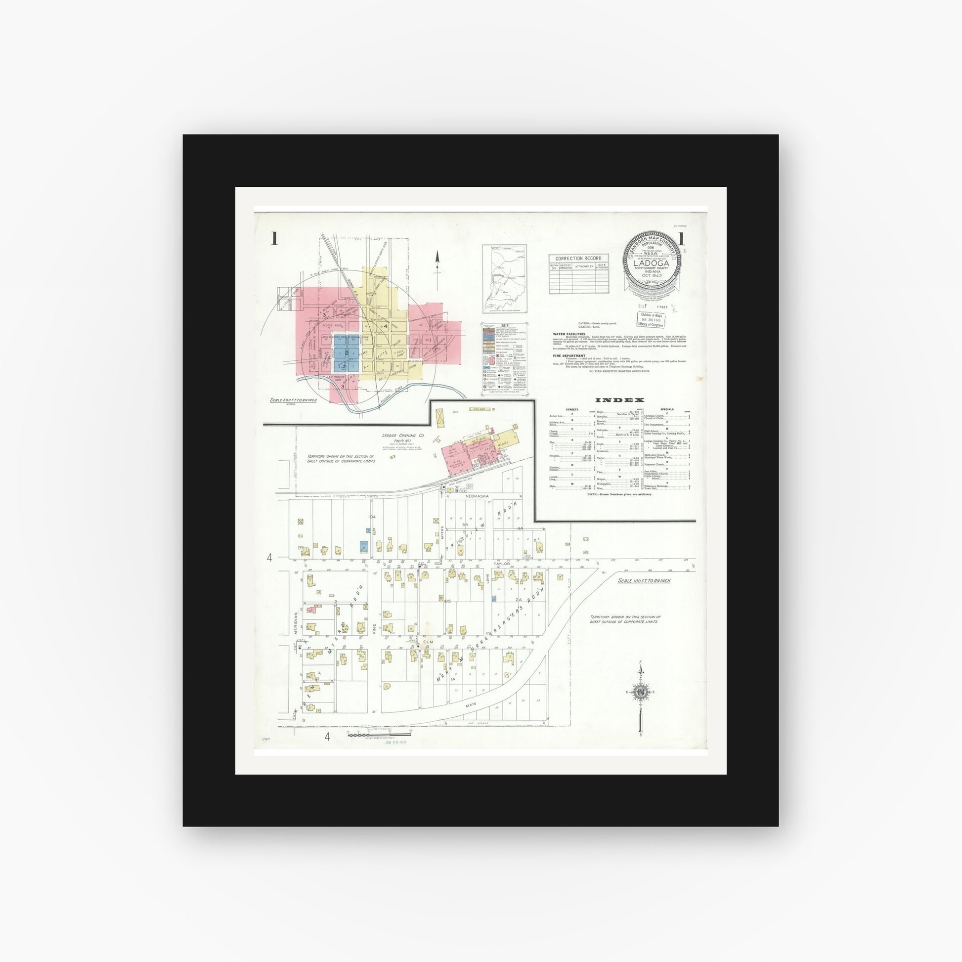 Old map wall art mockup — black gallery frame with white mat — Sanborn Fire Insurance Map from Ladoga, Montgomery County, Indiana (1942) - Complete Map Set