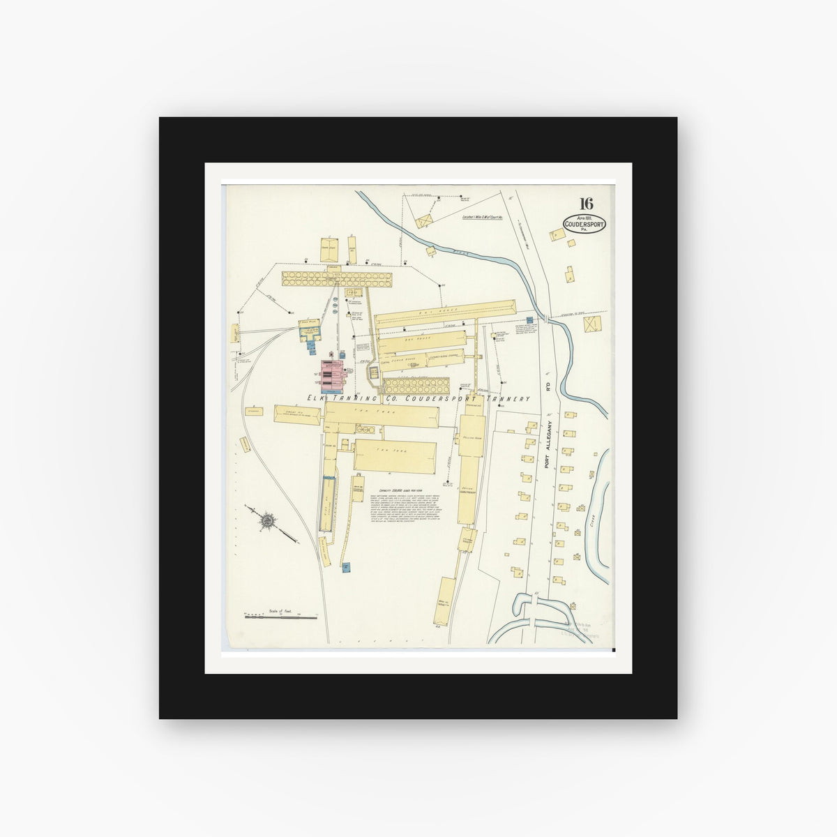 Old map wall art mockup — black gallery frame with white mat — Sanborn Fire Insurance Map from Coudersport, Potter County, Pennsylvania (1911), Sheet #0016