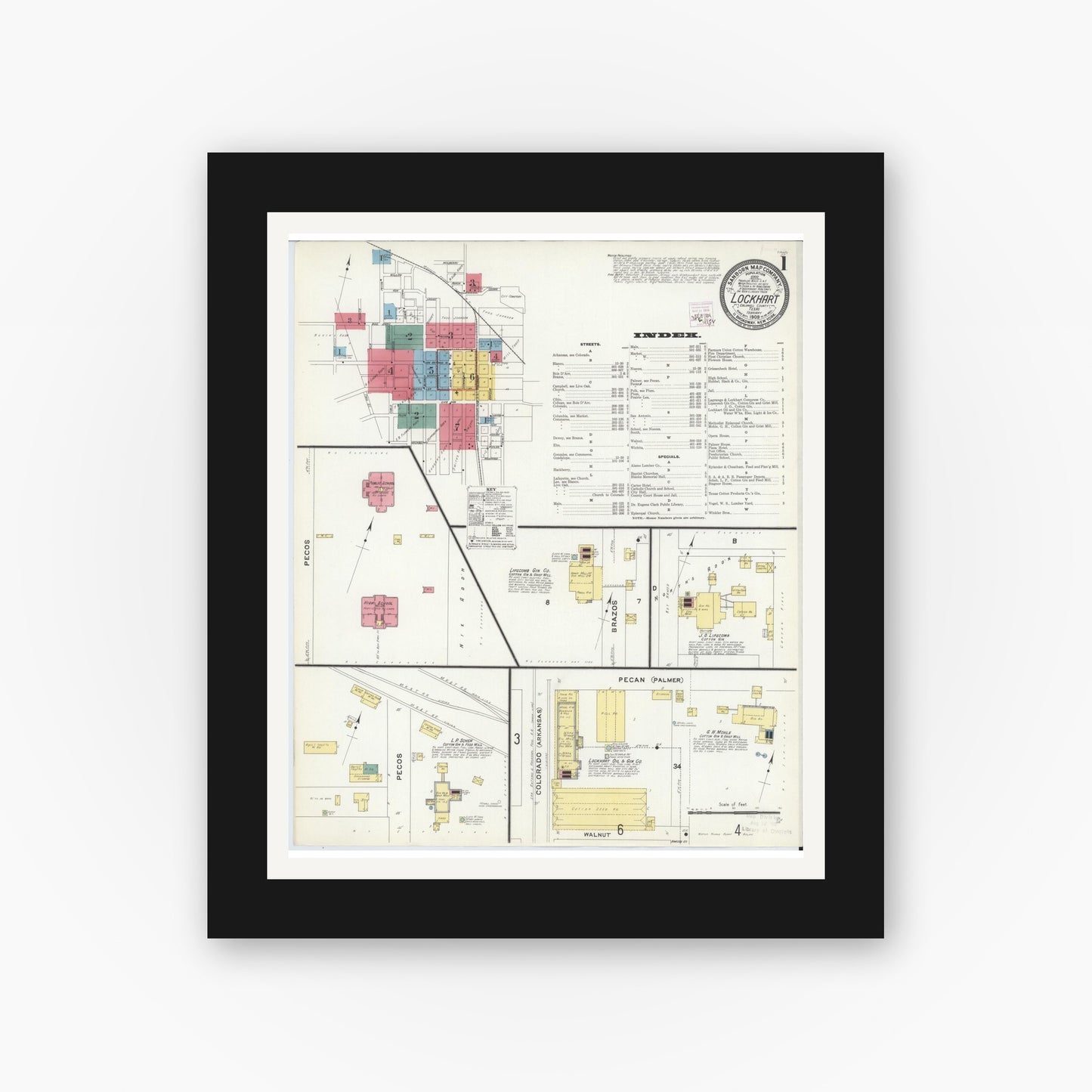 Old map wall art mockup — black gallery frame with white mat — Sanborn Fire Insurance Map from Lockhart, Caldwell County, Texas (1909), Sheet #0001