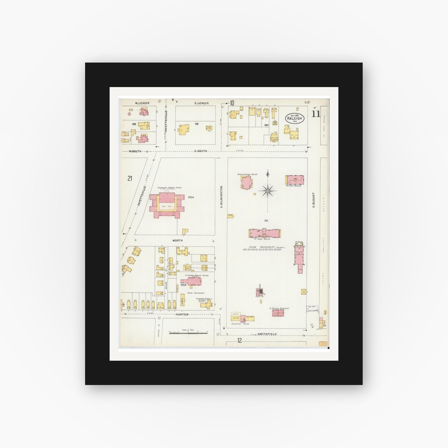Old map wall art mockup — black gallery frame with white mat — Sanborn Fire Insurance Map from Raleigh, Wake County, North Carolina (1903), Sheet #0011