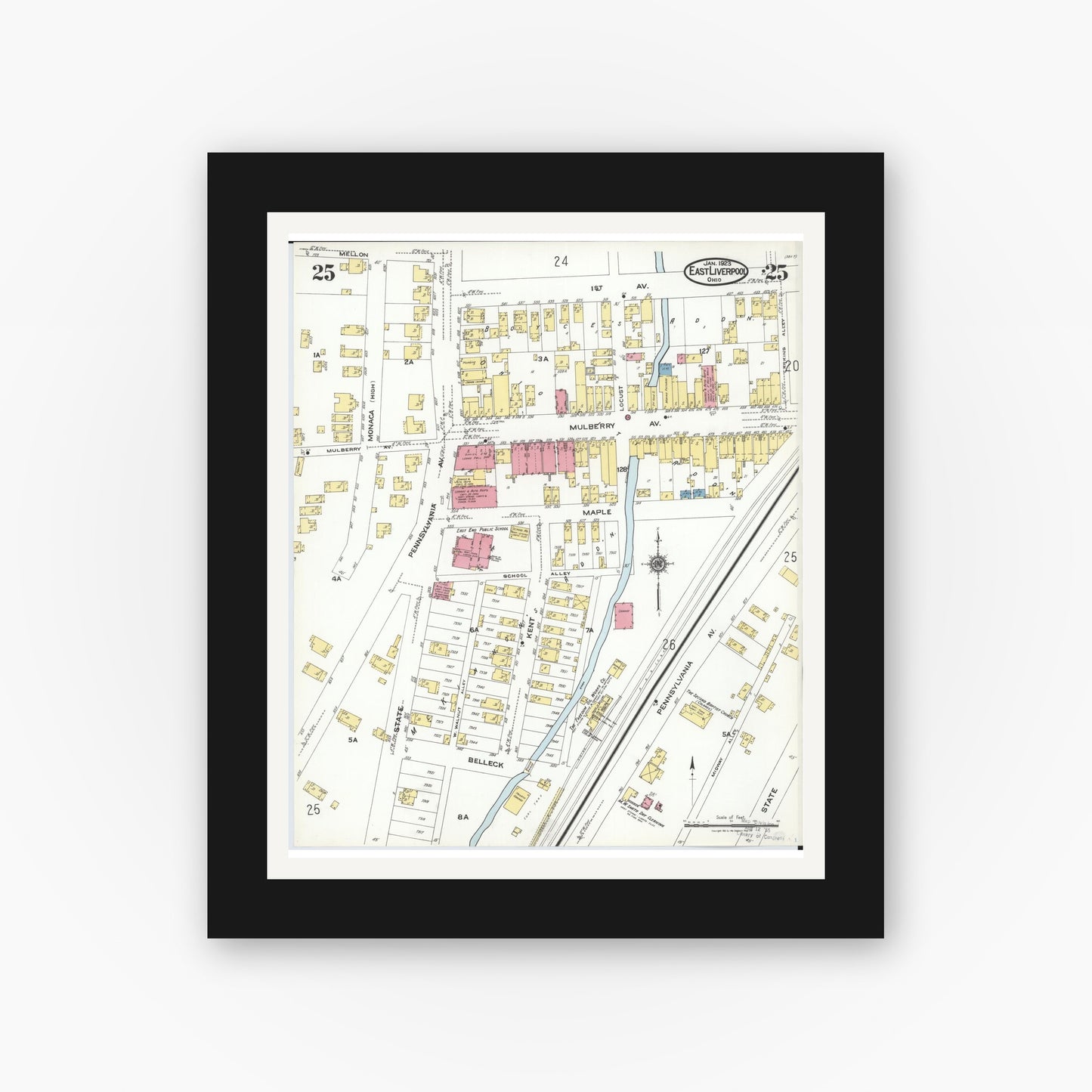 Old map wall art mockup — black gallery frame with white mat — Sanborn Fire Insurance Map from East Liverpool, Columbiana County, Ohio (1923), Sheet #0025
