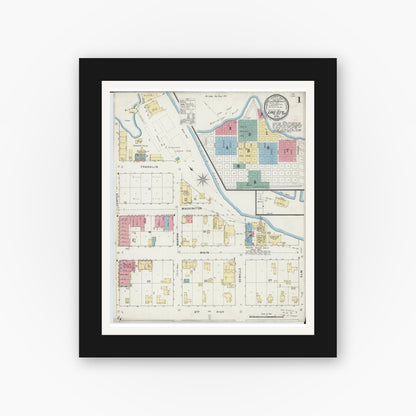 Old map wall art mockup — black gallery frame with white mat — Sanborn Fire Insurance Map from Lake City, Wabasha County, Minnesota (1894), Sheet #0001
