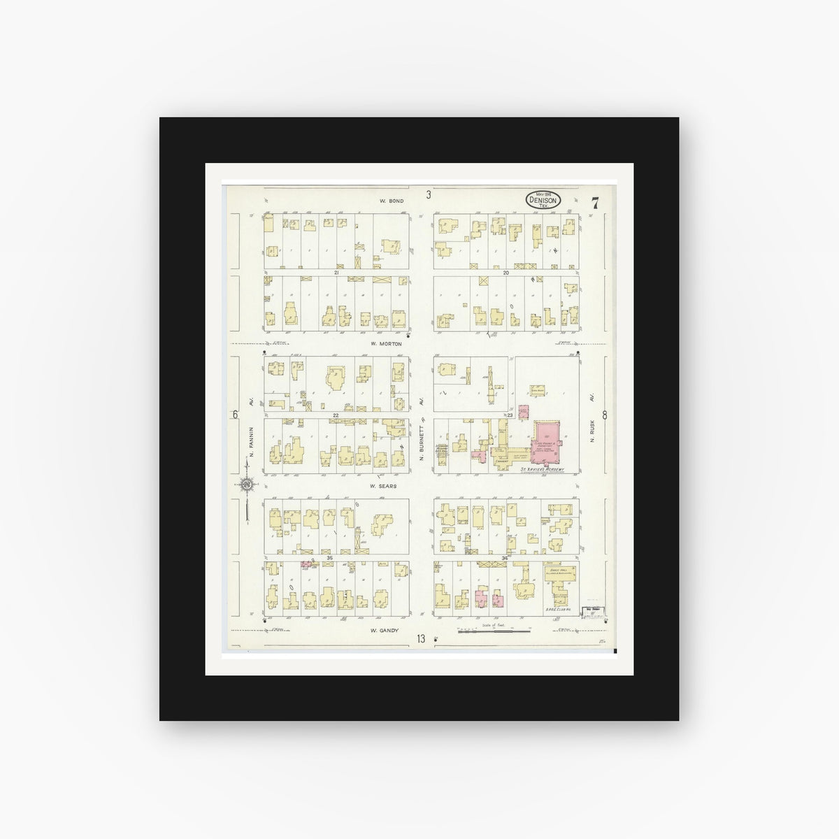 Old map wall art mockup — black gallery frame with white mat — Sanborn Fire Insurance Map from Denison, Grayson County, Texas (1914), Sheet #0007