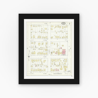 Old map wall art mockup — black gallery frame with white mat — Sanborn Fire Insurance Map from Denison, Grayson County, Texas (1914), Sheet #0007