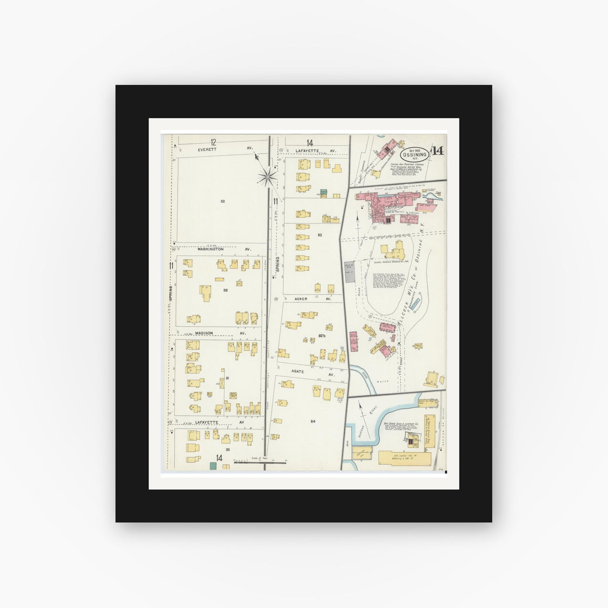 Old map wall art mockup — black gallery frame with white mat — Sanborn Fire Insurance Map from Ossining, Westchester County, New York (1903), Sheet #0014