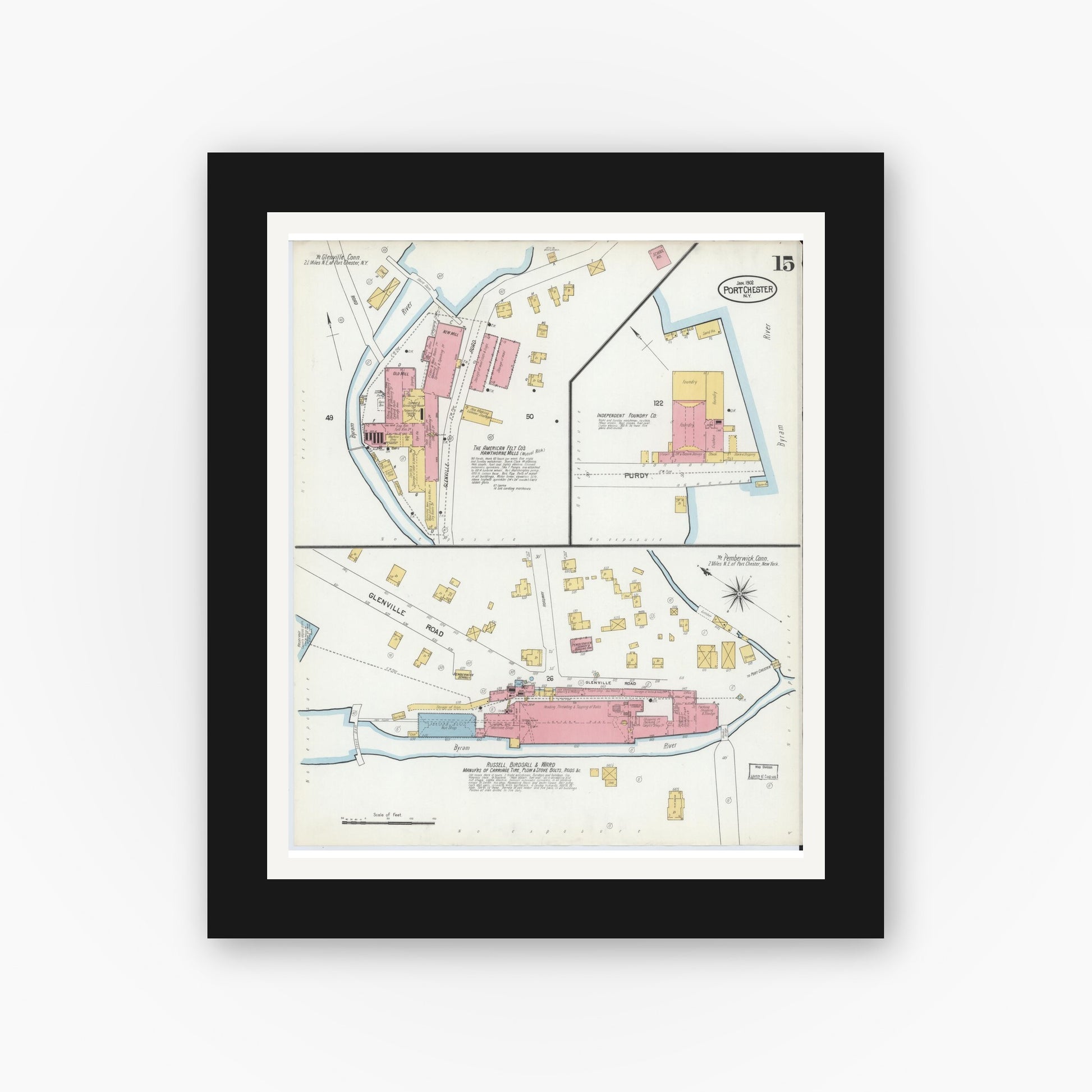 Old map wall art mockup — black gallery frame with white mat — Sanborn Fire Insurance Map from Port Chester, Westchester County, New York (1902), Sheet #0015