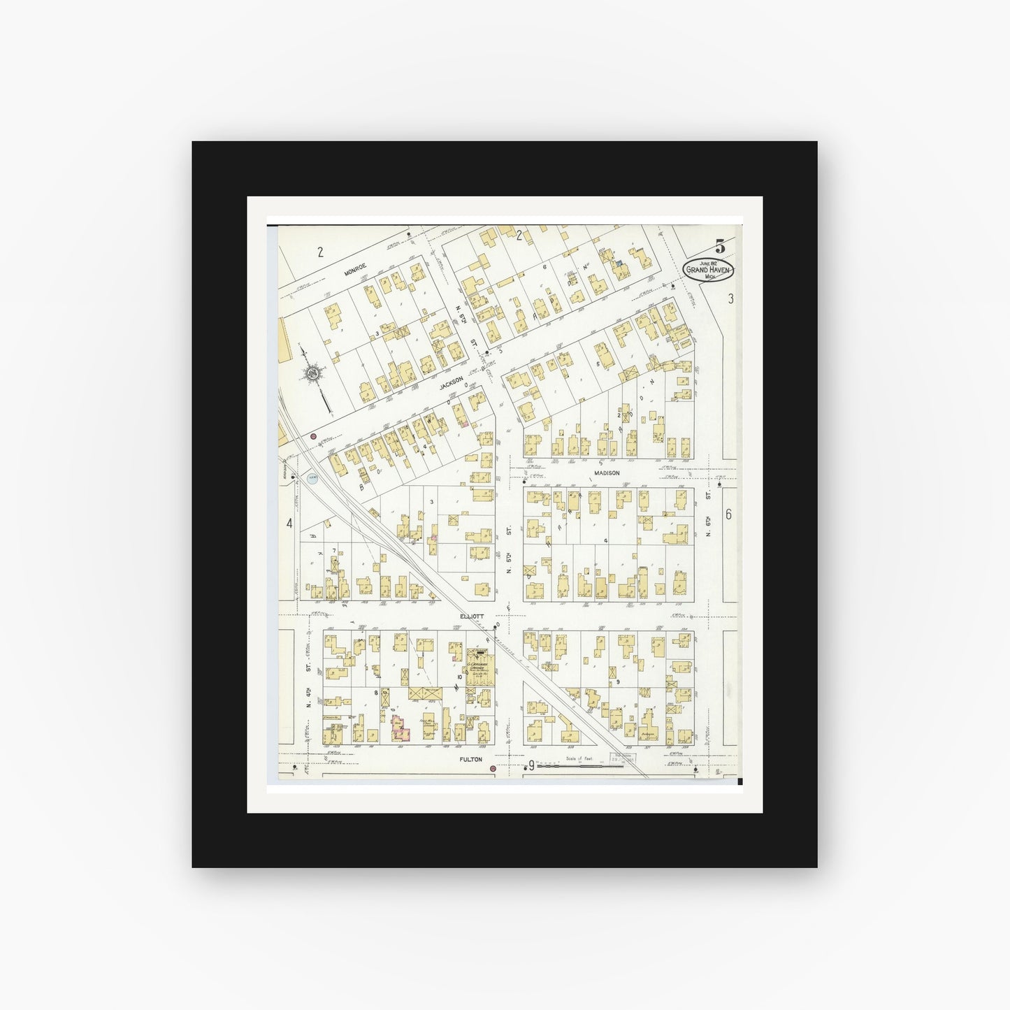 Old map wall art mockup — black gallery frame with white mat — Sanborn Fire Insurance Map from Grand Haven, Ottawa County, Michigan (1912), Sheet #0005