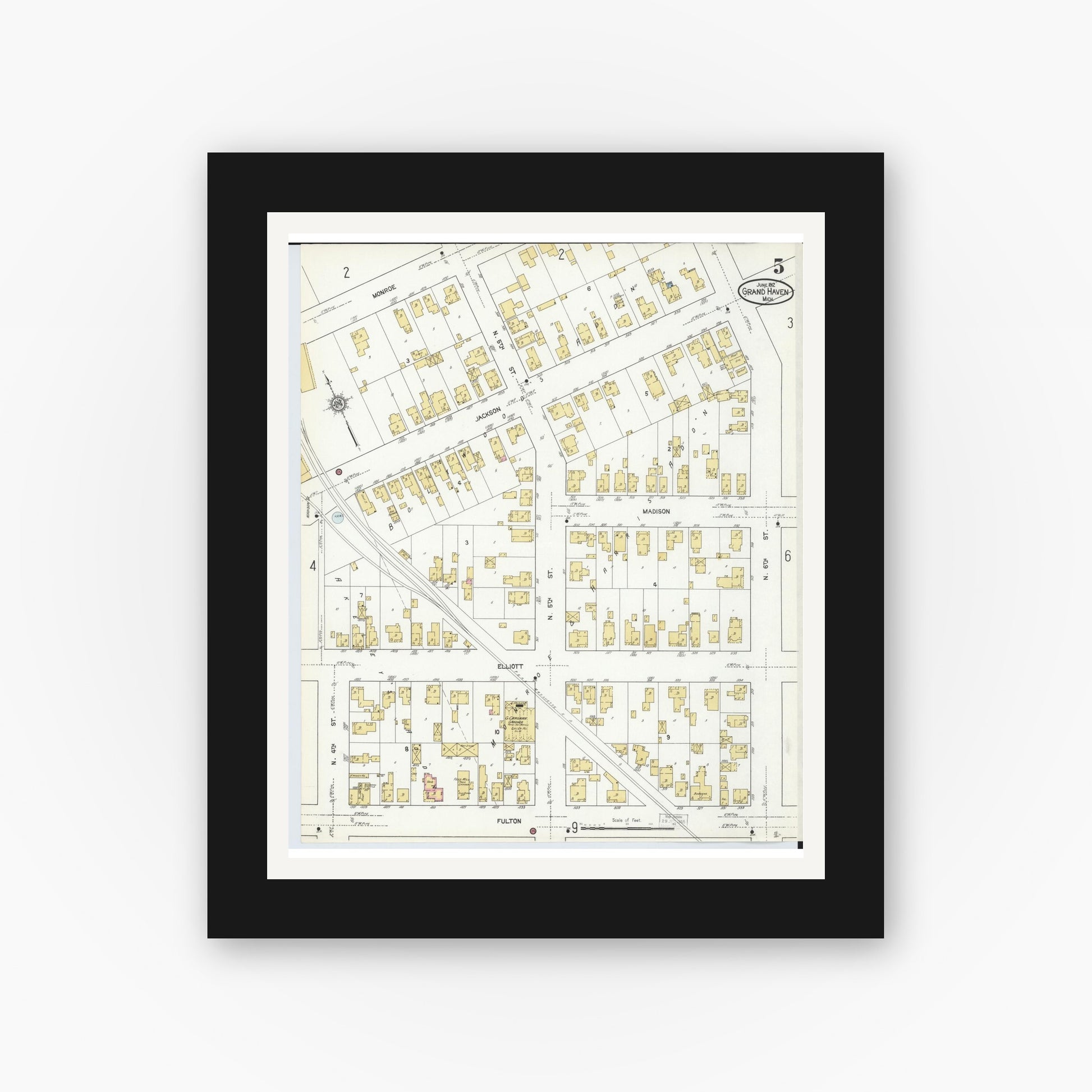 Old map wall art mockup — black gallery frame with white mat — Sanborn Fire Insurance Map from Grand Haven, Ottawa County, Michigan (1912), Sheet #0005