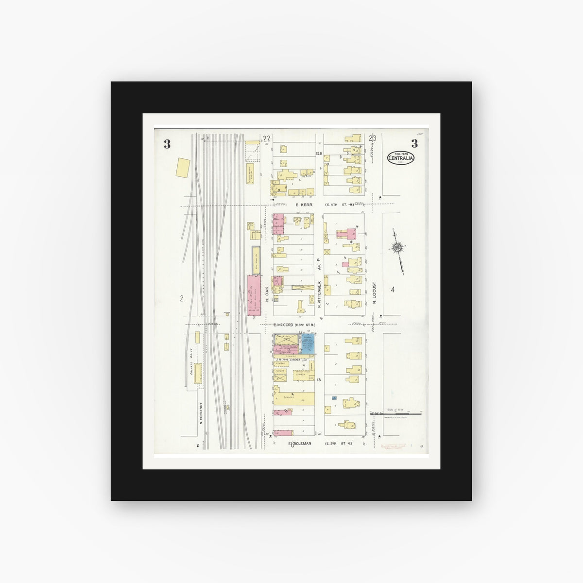 Old map wall art mockup — black gallery frame with white mat — Sanborn Fire Insurance Map from Centralia, Marion, Clinton, Jefferson, and Washington Counties, Illinois (1924), Sheet #0003