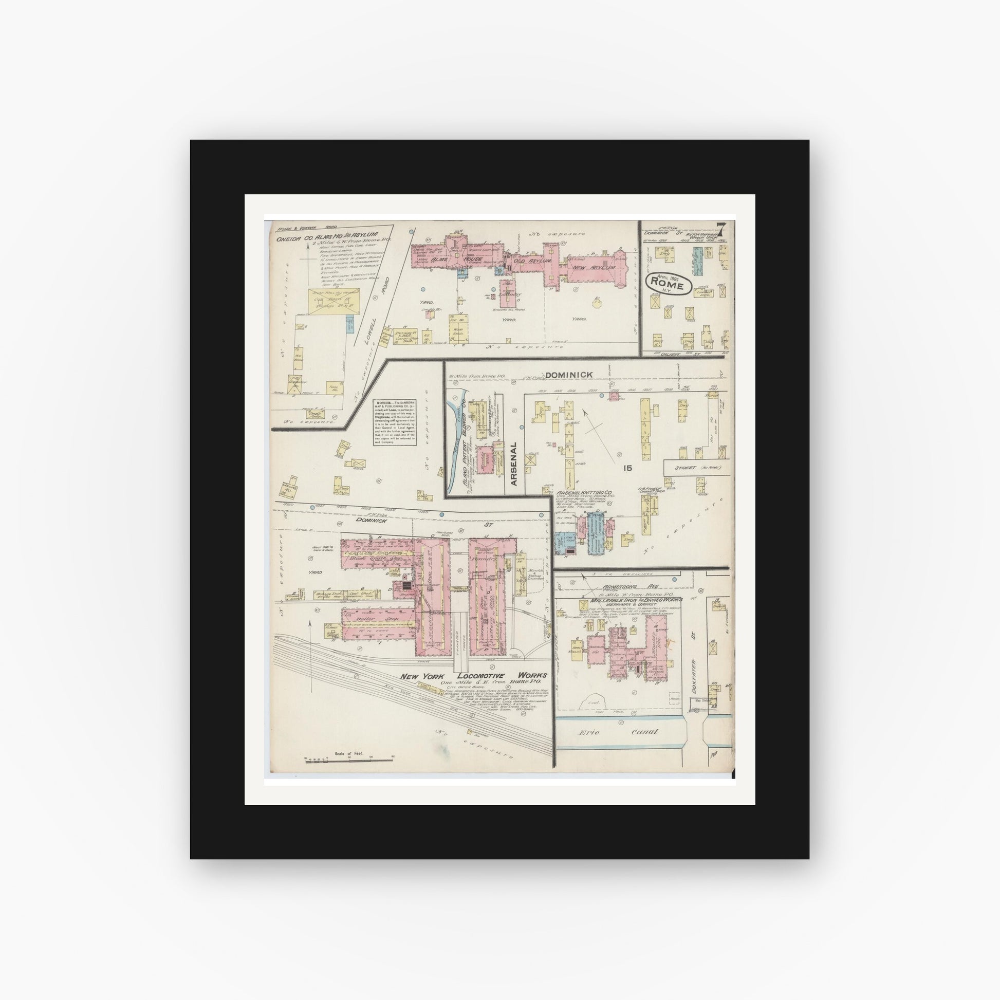 Old map wall art mockup — black gallery frame with white mat — Sanborn Fire Insurance Map from Rome, Oneida County, New York (1884), Sheet #0007