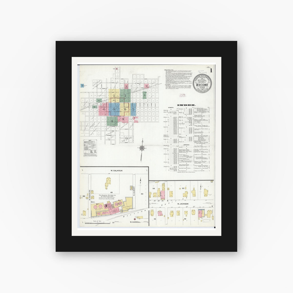 Old map wall art mockup — black gallery frame with white mat — Sanborn Fire Insurance Map from Macomb, Mcdonough County, Illinois (1910) - Complete Map Set