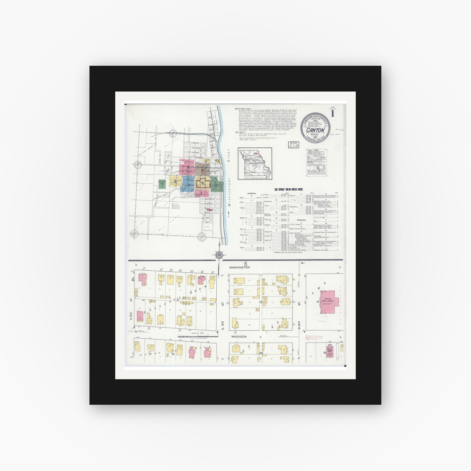 Old map wall art mockup — black gallery frame with white mat — Sanborn Fire Insurance Map from Canton, Lewis County, Missouri (1917) - Complete Map Set
