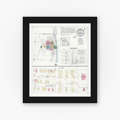 Old map wall art mockup — black gallery frame with white mat — Sanborn Fire Insurance Map from Canton, Lewis County, Missouri (1917) - Complete Map Set