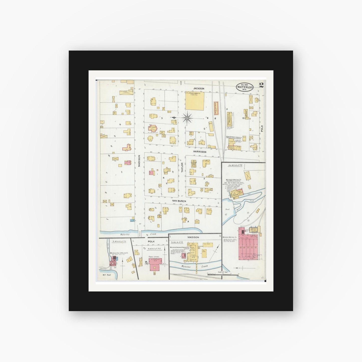 Old map wall art mockup — black gallery frame with white mat — Sanborn Fire Insurance Map from Waterloo, Jefferson County, Wisconsin (1904), Sheet #0002