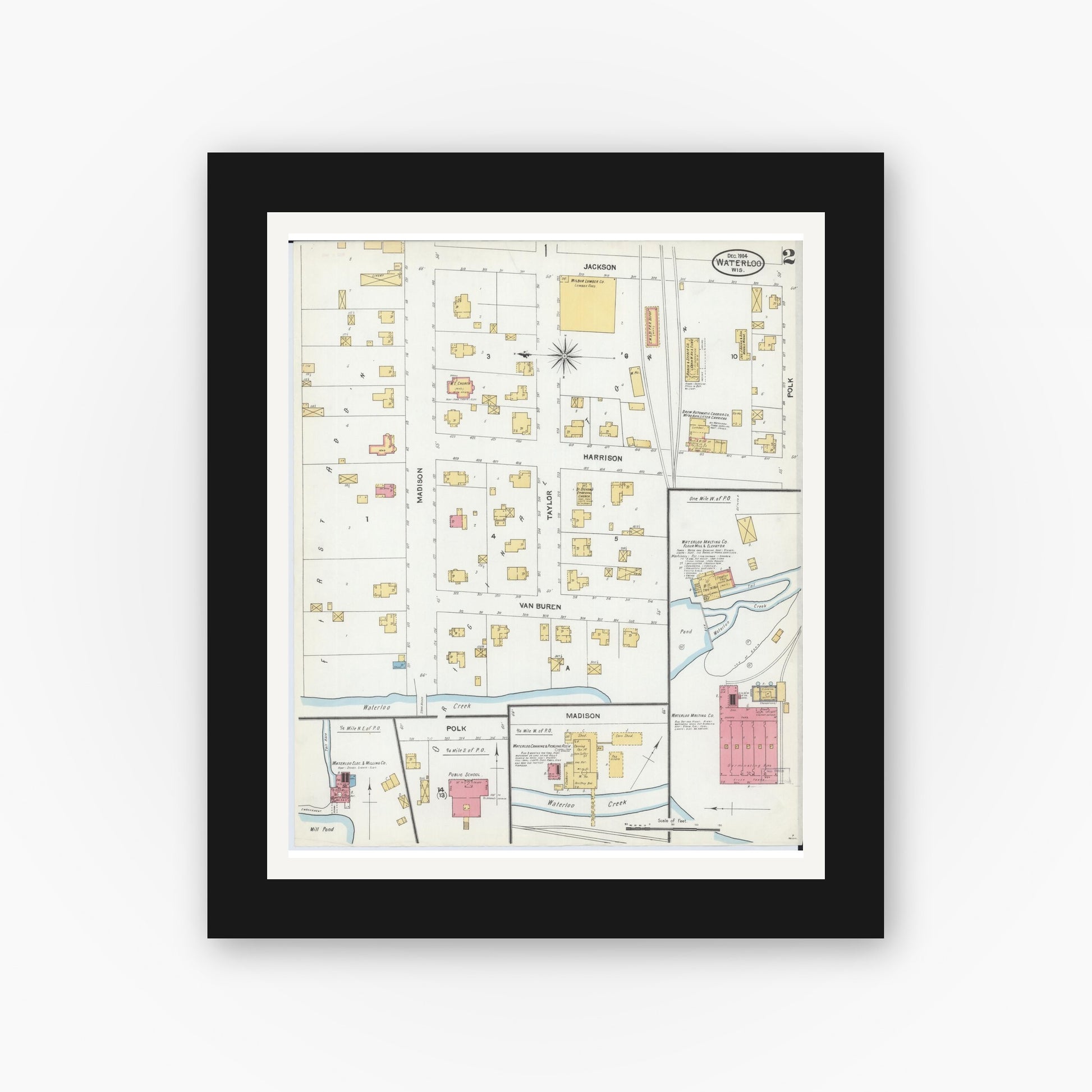 Old map wall art mockup — black gallery frame with white mat — Sanborn Fire Insurance Map from Waterloo, Jefferson County, Wisconsin (1904), Sheet #0002