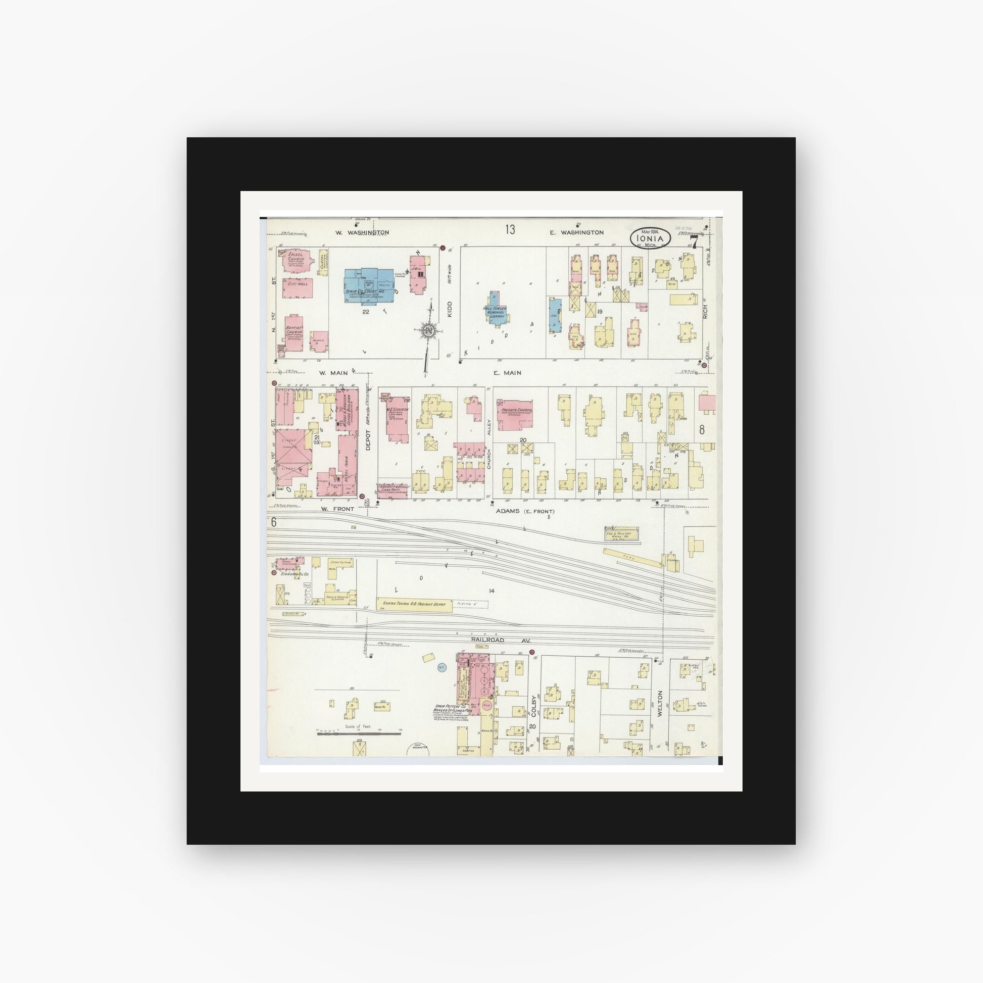 Old map wall art mockup — black gallery frame with white mat — Sanborn Fire Insurance Map from Ionia, Ionia County, Michigan (1914), Sheet #0007