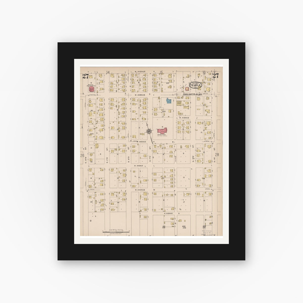 Old map wall art mockup — black gallery frame with white mat — Sanborn Fire Insurance Map from Temple, Bell County, Texas (1922), Sheet #0027