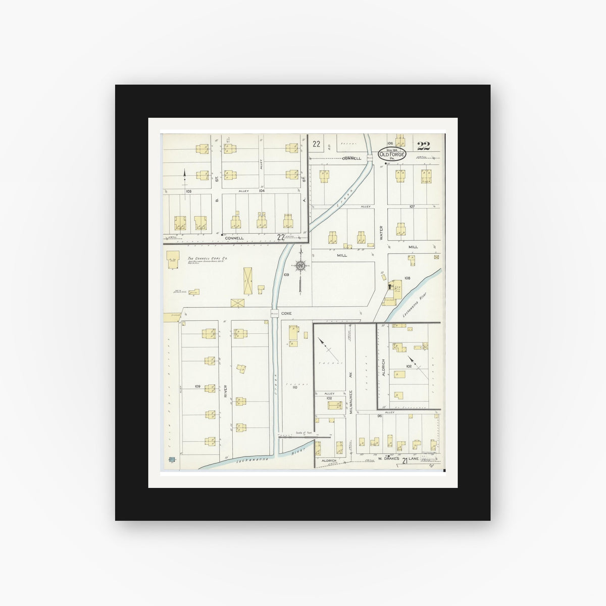 Old map wall art mockup — black gallery frame with white mat — Sanborn Fire Insurance Map from Old Forge, Lackawanna County, Pennsylvania (1914), Sheet #0022
