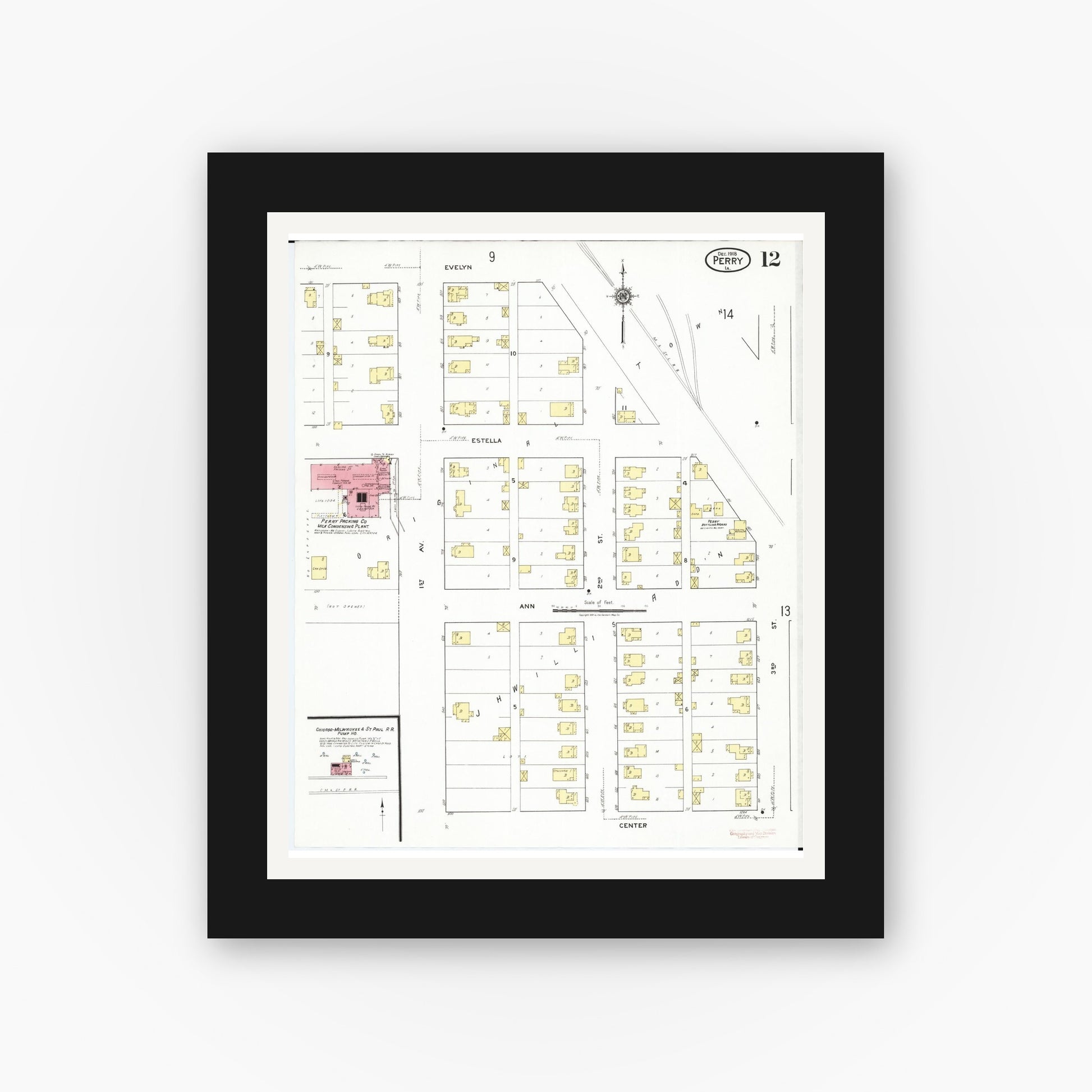 Old map wall art mockup — black gallery frame with white mat — Sanborn Fire Insurance Map from Perry, Dallas County, Iowa (1918), Sheet #0012