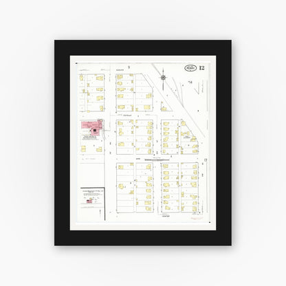 Old map wall art mockup — black gallery frame with white mat — Sanborn Fire Insurance Map from Perry, Dallas County, Iowa (1918), Sheet #0012