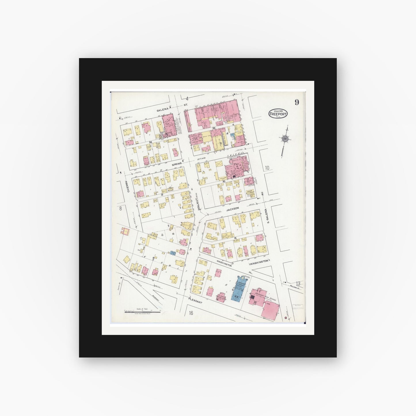 Old map wall art mockup — black gallery frame with white mat — Sanborn Fire Insurance Map from Freeport, Stephenson County, Illinois (1918), Sheet #0009