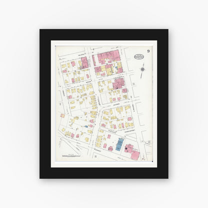 Old map wall art mockup — black gallery frame with white mat — Sanborn Fire Insurance Map from Freeport, Stephenson County, Illinois (1918), Sheet #0009