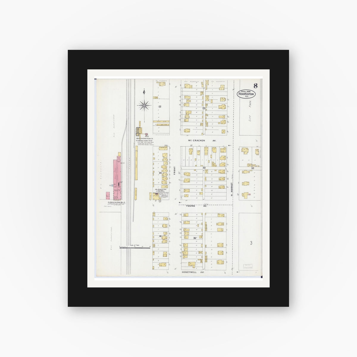 Old map wall art mockup — black gallery frame with white mat — Sanborn Fire Insurance Map from Hoopeston, Vermilion County, Illinois (1906), Sheet #0008