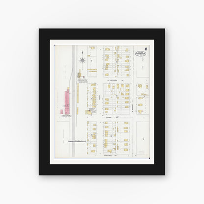 Old map wall art mockup — black gallery frame with white mat — Sanborn Fire Insurance Map from Hoopeston, Vermilion County, Illinois (1906), Sheet #0008