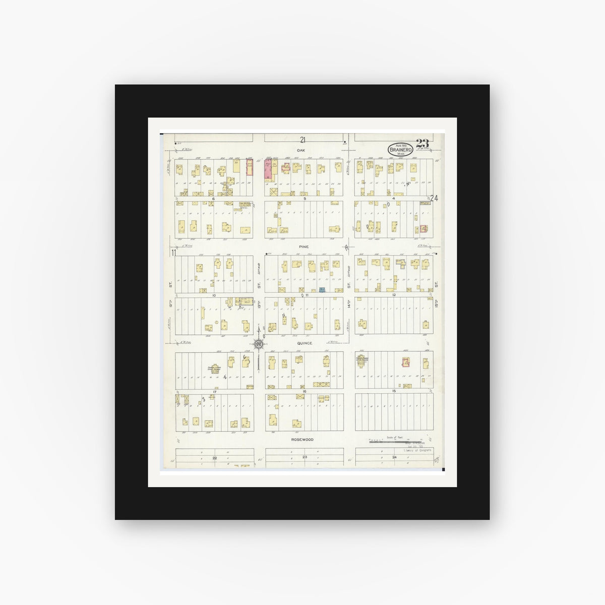 Old map wall art mockup — black gallery frame with white mat — Sanborn Fire Insurance Map from Brainerd, Crow Wing County, Minnesota (1913), Sheet #0023