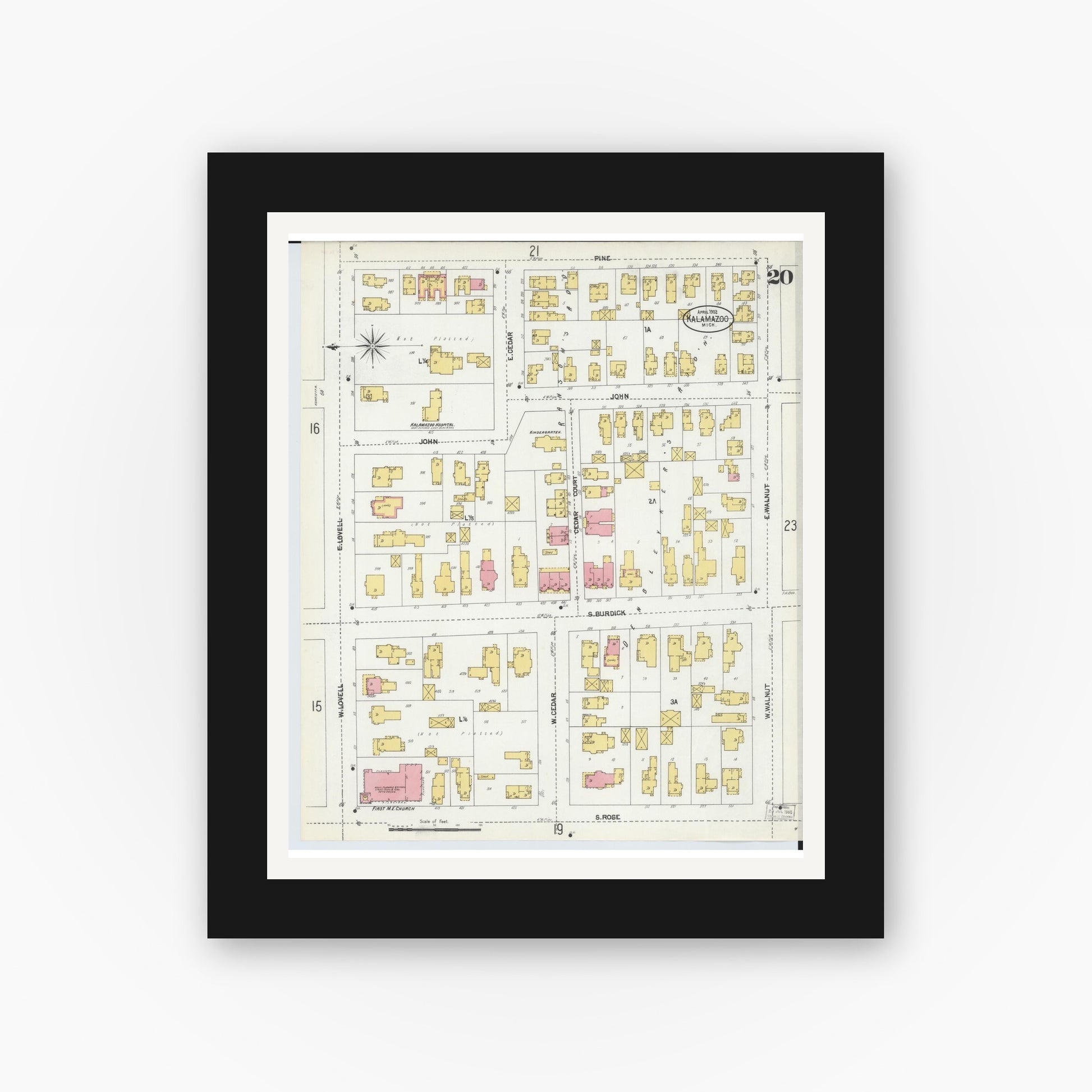 Old map wall art mockup — black gallery frame with white mat — Sanborn Fire Insurance Map from Kalamazoo, Kalamazoo County, Michigan (1902), Sheet #0020