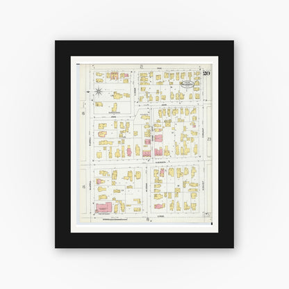 Old map wall art mockup — black gallery frame with white mat — Sanborn Fire Insurance Map from Kalamazoo, Kalamazoo County, Michigan (1902), Sheet #0020