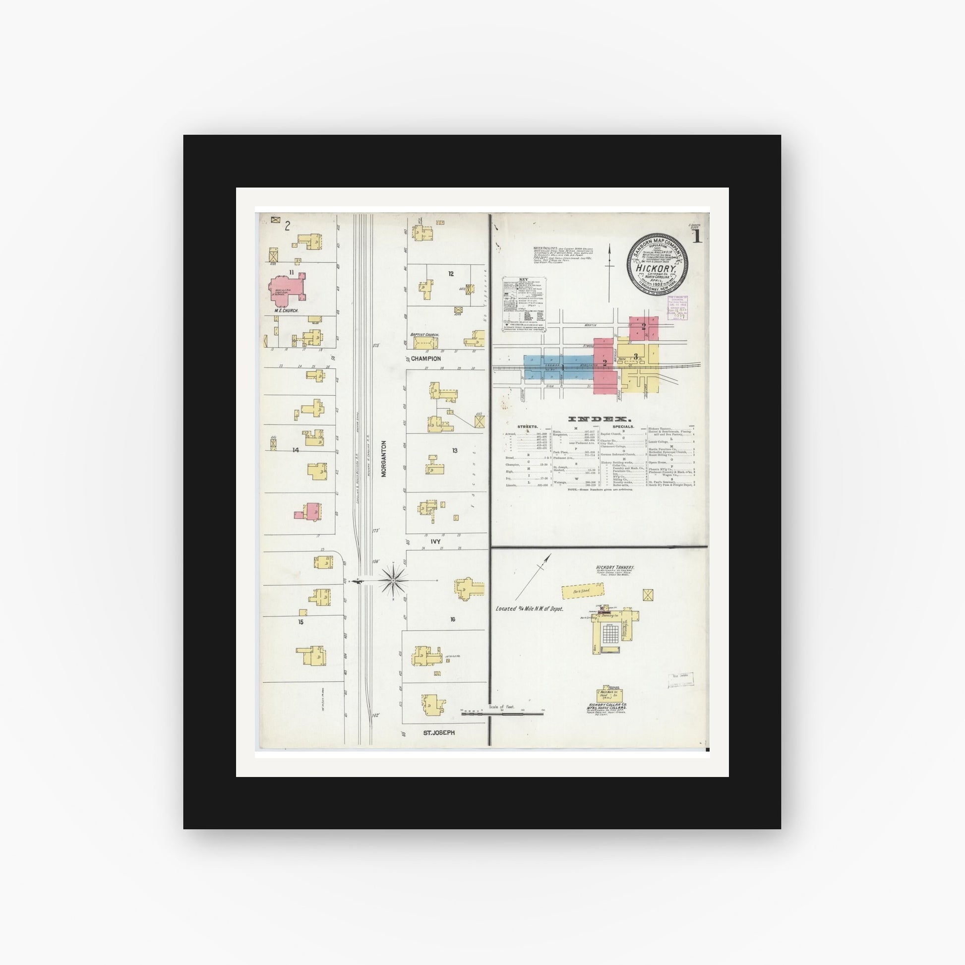 Old map wall art mockup — black gallery frame with white mat — Sanborn Fire Insurance Map from Hickory, Catawba County, North Carolina (1902) - Complete Map Set
