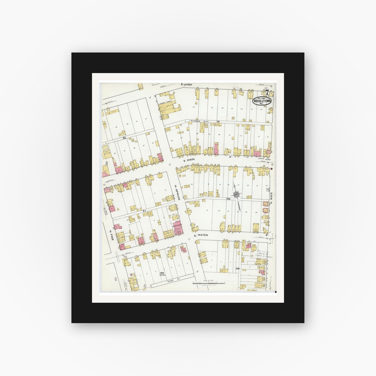 Old map wall art mockup — black gallery frame with white mat — Sanborn Fire Insurance Map from Middletown, Dauphin County, Pennsylvania (1920), Sheet #0007