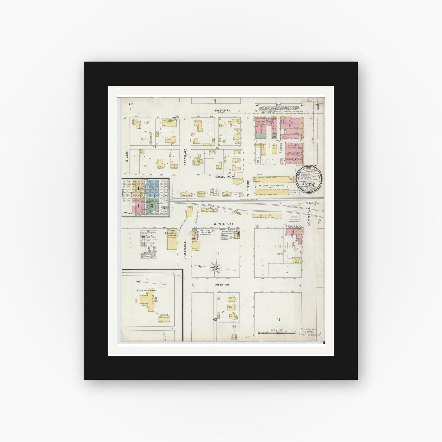 Old map wall art mockup — black gallery frame with white mat — Sanborn Fire Insurance Map from Mexia, Limestone County, Texas (1896) - Complete Map Set