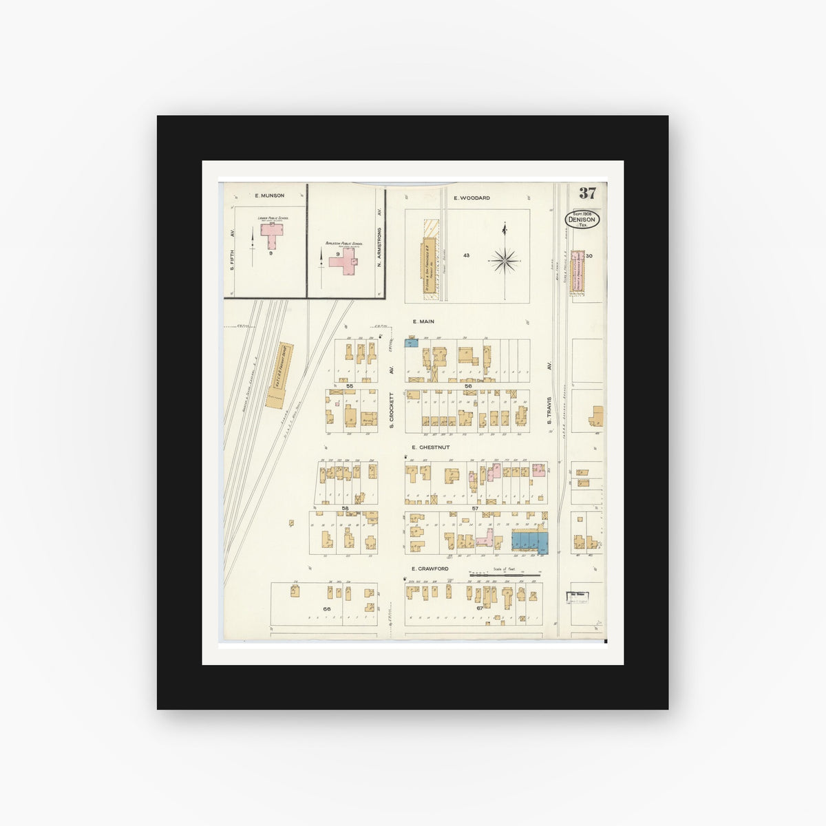 Old map wall art mockup — black gallery frame with white mat — Sanborn Fire Insurance Map from Denison, Grayson County, Texas (1908), Sheet #0037