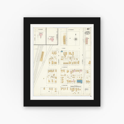 Old map wall art mockup — black gallery frame with white mat — Sanborn Fire Insurance Map from Denison, Grayson County, Texas (1908), Sheet #0037