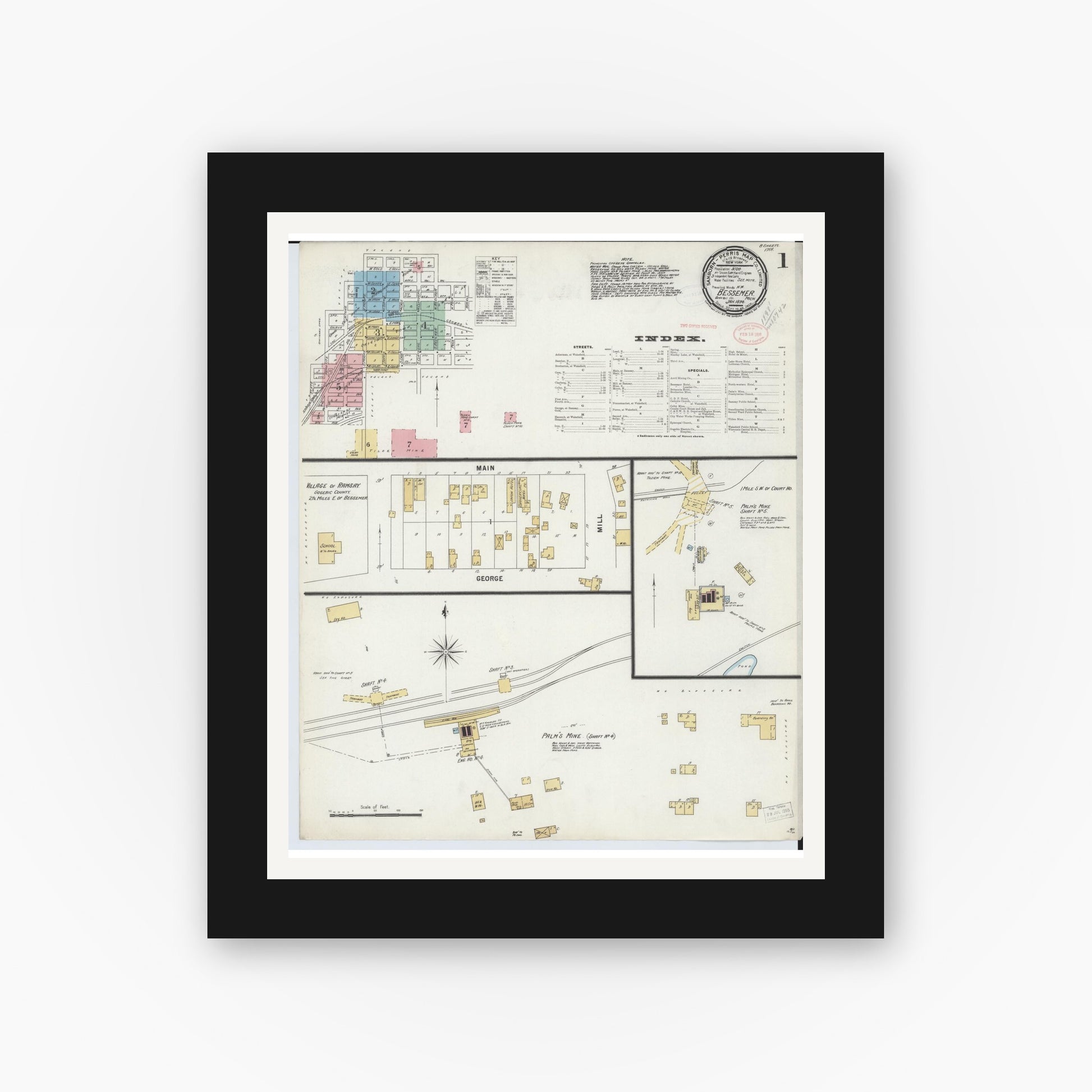 Old map wall art mockup — black gallery frame with white mat — Sanborn Fire Insurance Map from Bessemer, Gogebic County, Michigan (1898), Sheet #0001