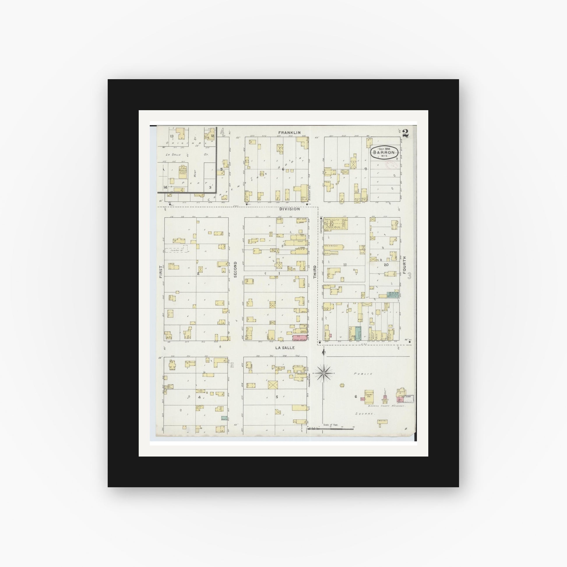 Old map wall art mockup — black gallery frame with white mat — Sanborn Fire Insurance Map from Barron, Barron County, Wisconsin (1894), Sheet #0002