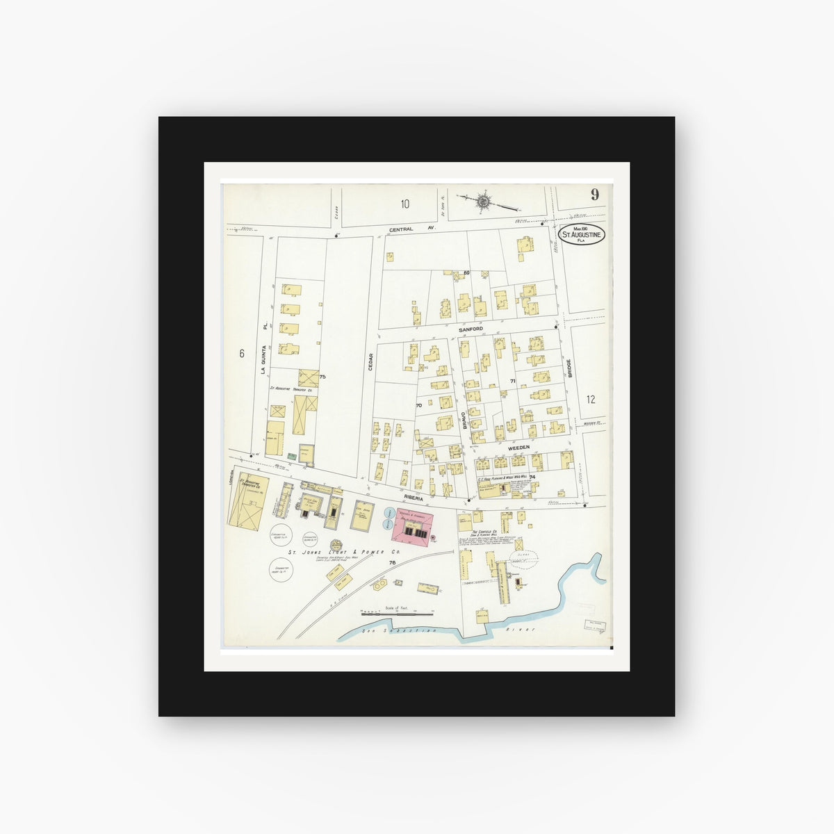 Old map wall art mockup — black gallery frame with white mat — Sanborn Fire Insurance Map from Saint Augustine, Saint John's County, Florida (1910), Sheet #0009