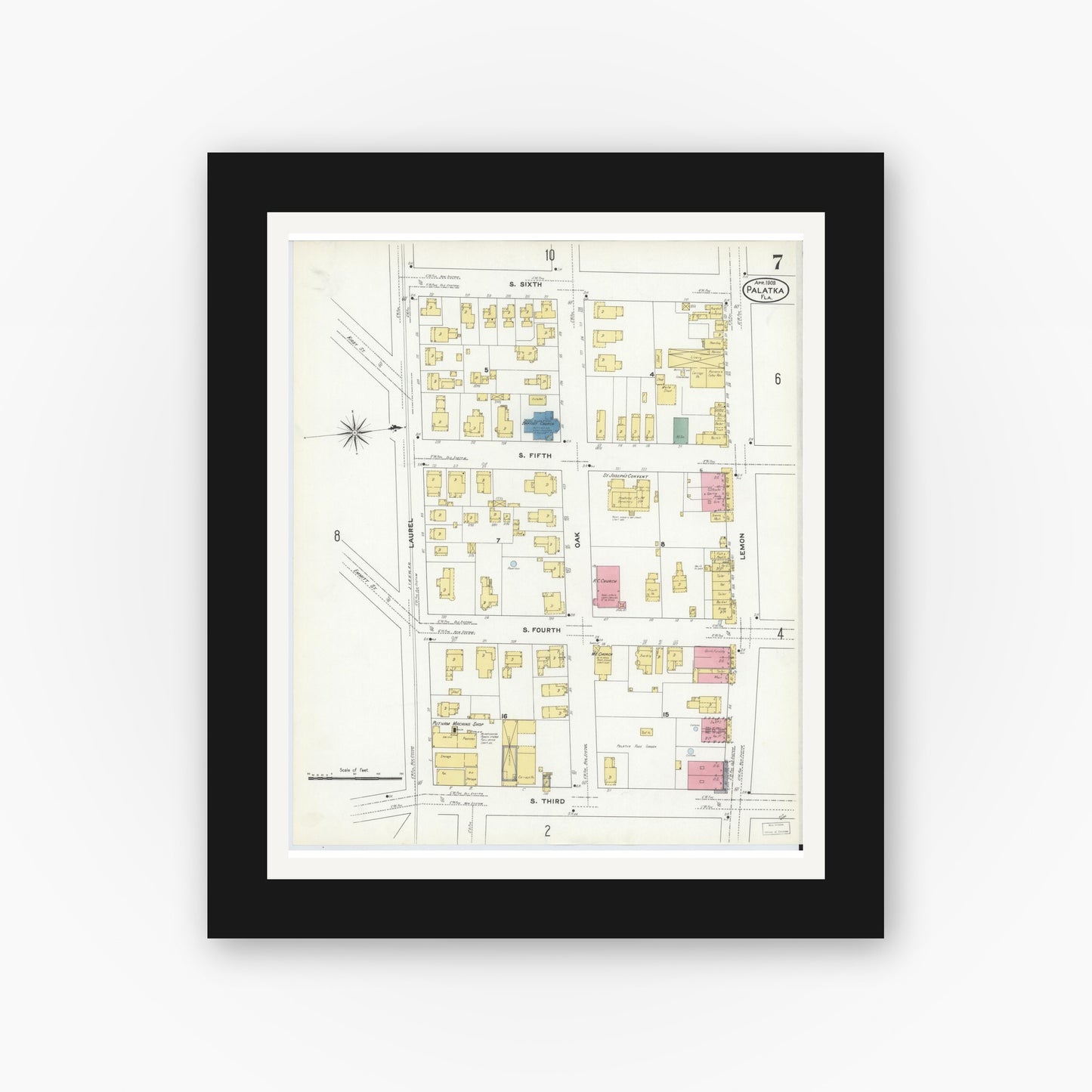 Old map wall art mockup — black gallery frame with white mat — Sanborn Fire Insurance Map from Palatka, Putnam County, Florida (1909), Sheet #0007